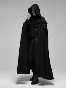 Men's Gothic Hooded Cape – Black Long Cloak with Lace Trim Costumes for Renaissance Fairs, Cosplay & Halloween