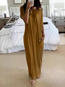 Women's Loose-Fit Casual Dress, Round Neck Short Sleeve Comfortable Home Wear, Elegant Victorian Style for Fall Winter Season, Casual Everyday Wear