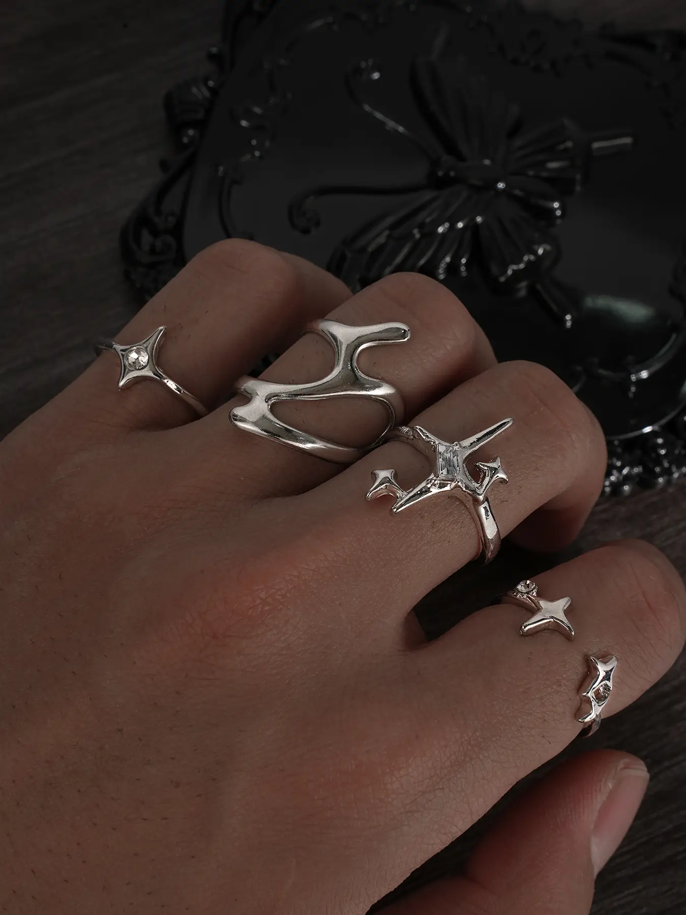 Y2K Fashion Retro Asymmetrical Couple Rings Set, Statement Multi Ring, Rhinestone Star Design, Trendy Fashionable Jewelry, Perfect Gift for Holiday Parties, Vacations, Dates, Daily Wear