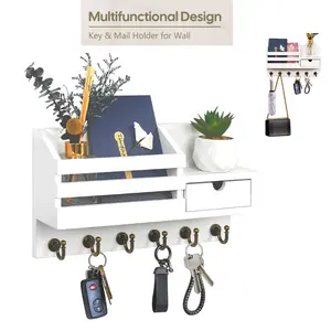 Key and Mail Holder for Wall with 6 Hooks, Rustic Wood Mail Organizer with Drawer, Entryway Key Rack Wall Mount, key and mail holder for wall, key holder with drawer, home decor wall organizer