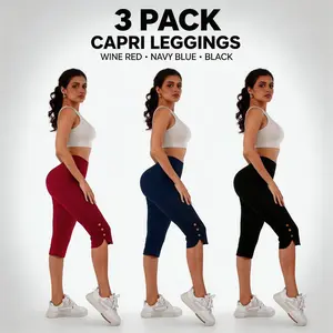 3 Pack Capri Leggings for Women High Waisted Stretchy Yoga Capris with Side Pockets & Button Detail Tummy Control Workout Pants for Gym Running Fitness - Bottoms, Womenswear