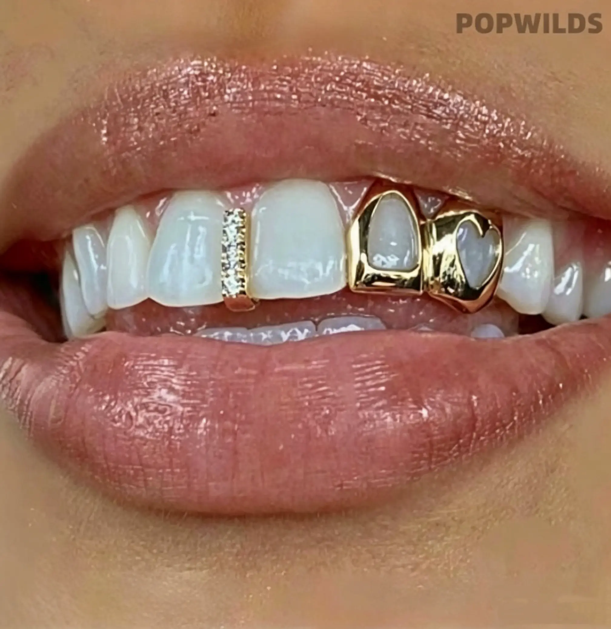 Gold Hollow Heart Double Tooth Grillz - Sleek Costume Jewelry Teeth Accessory for Hip-Hop Style, Parties