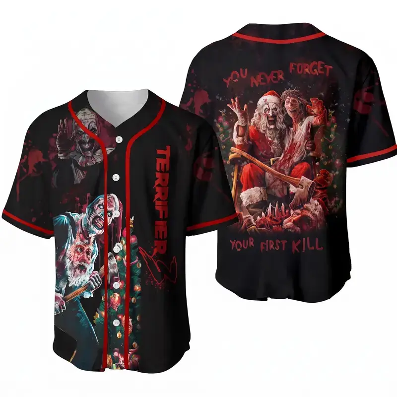 Terrifier Baseball Jersey, Art the Clown Horror Movie Button Down Shirt, Scary Halloween Streetwear, Slasher Costume Gift for Horror Movie Fans