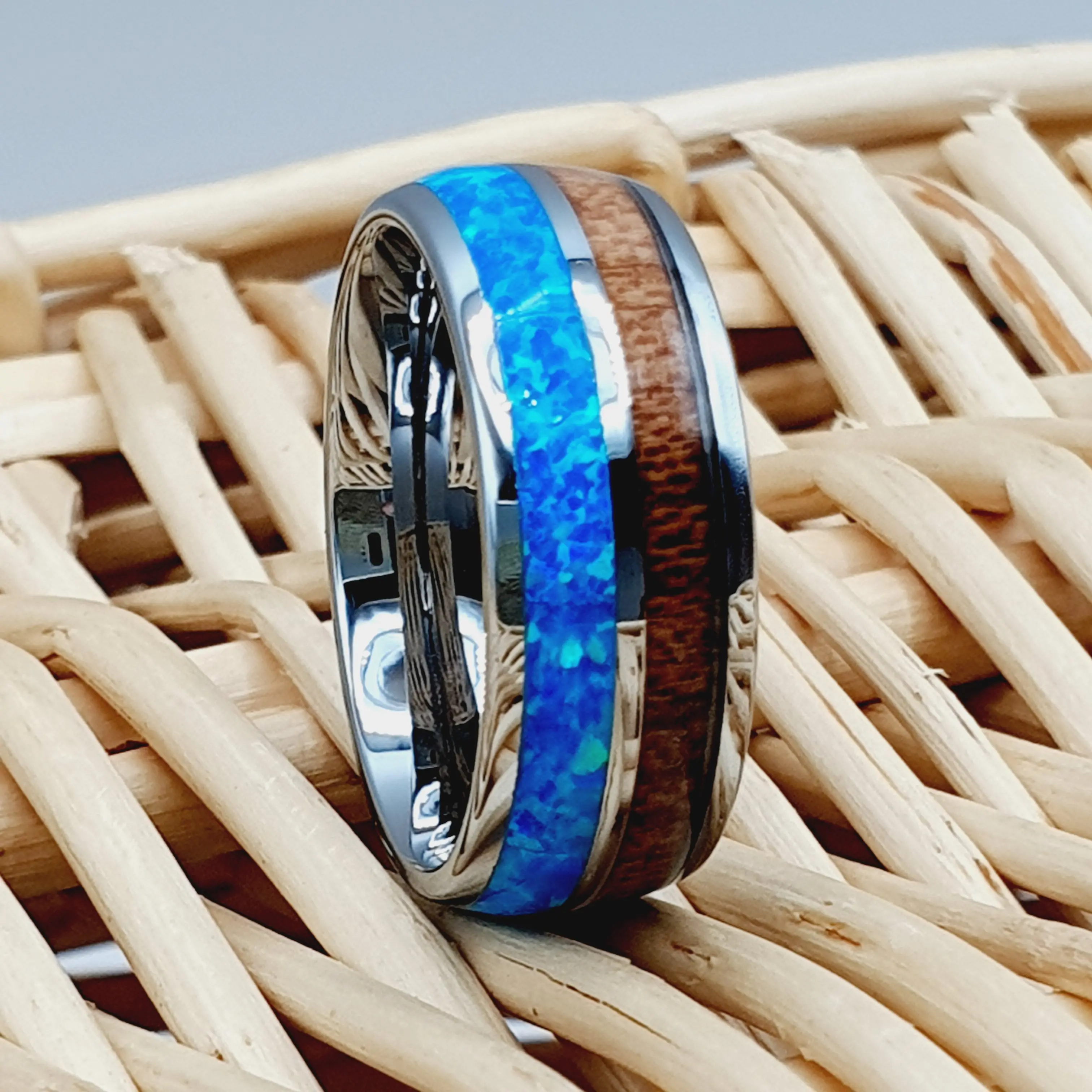 Men's and Women's Wood Wedding Rings - Custom Engraved Whiskey Barrel Ring with Opal Wedding Band