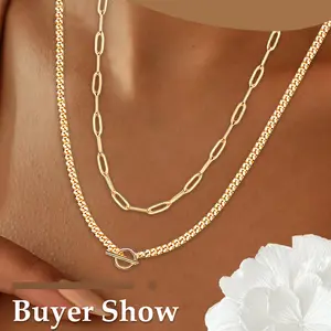 2PCS 14K Gold Plated Dainty Layering Necklaces for Women | Snake Chain, Curb Link, Paperclip Layered Chains | Trendy Layering Necklace