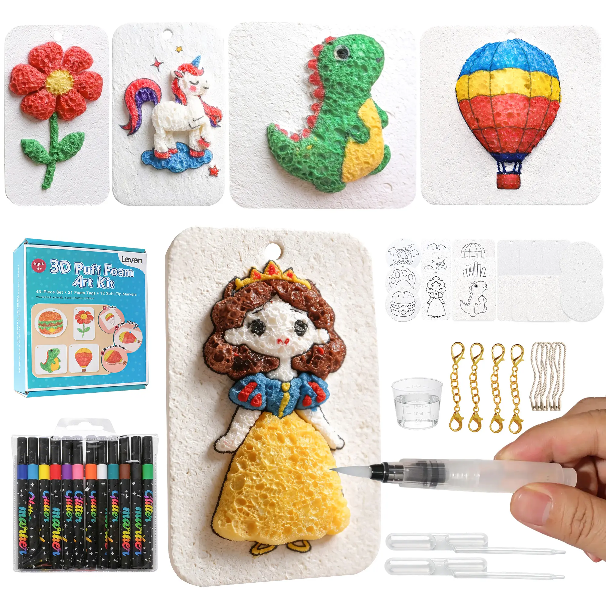Leven Unisex 3D Magic Foam Art Kit for Kids - Magic Paper DIY Craft, Textured Paper Decoration, 12 Markers, Water Brush, 9 Pre-Cut Foam Shapes, Sensory Toy, STEM Skills Builder, Perfect Birthdays Gift for Ages 4+, Holidays
