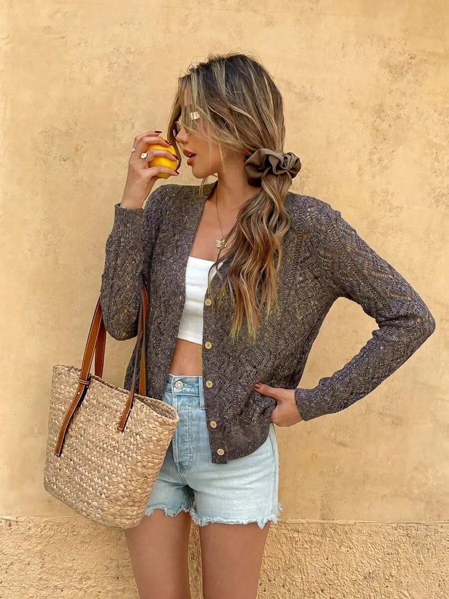 Women's Cardigans,Grey Hollow Out Thin Cardigan Long Sleeve Casual Autumn Vacation Holiday Summer Winter Women's Casual Outfits Wholesale Clothing - Back to School Outfit, Fall Outfit