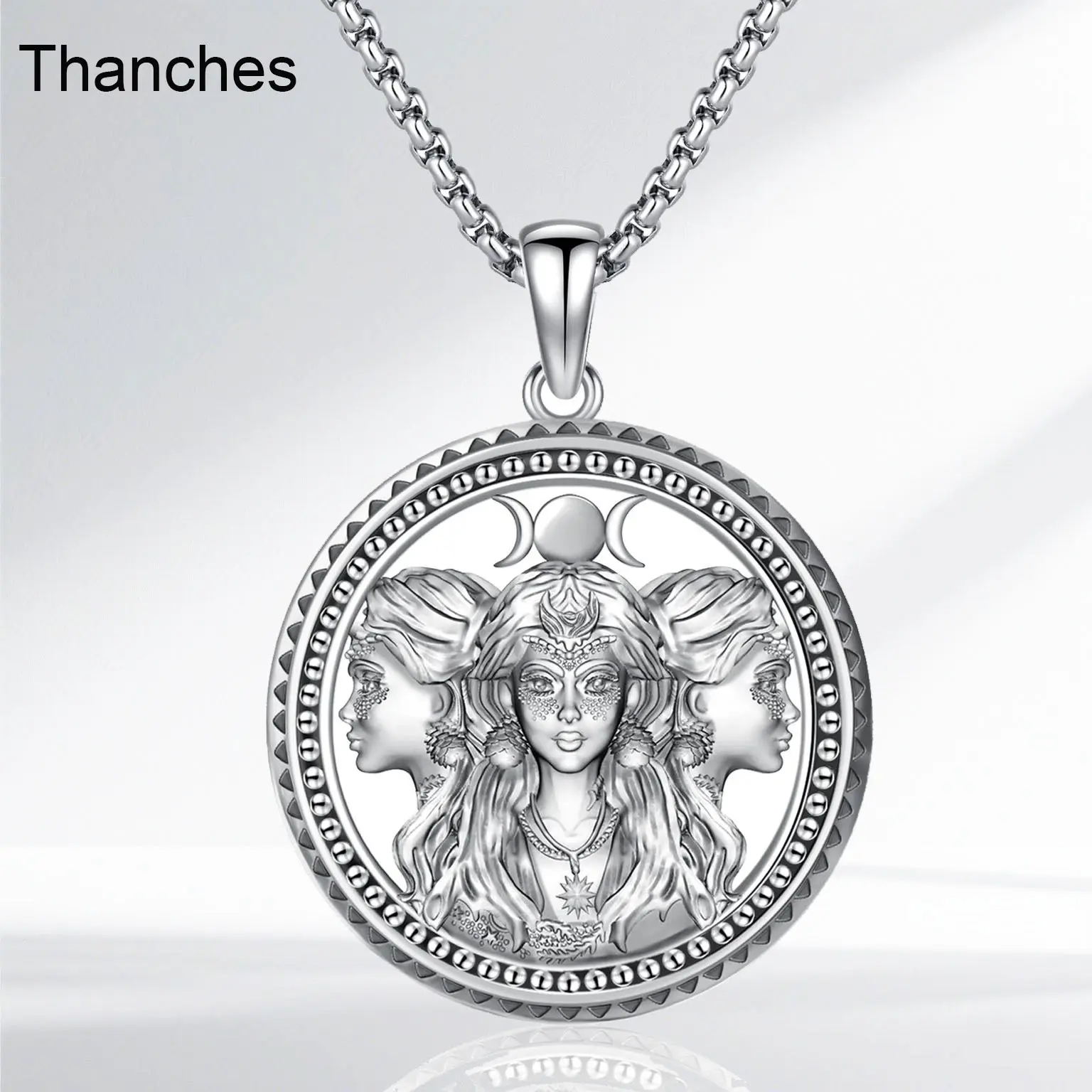 Thanches Hecate Triple Moon Goddess 925 Sterling Silver Jewellery Pendant Necklace, Unisex Greek Magic Amulet with Hekate Wheel, Witchcraft Necklace Chain for Witches Pagans