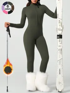 Women's Sporty Tight-Fit Long Sleeve Workout Jumpsuit, Plain Pattern, Fleece Lined, Half-Zipper Design, Fall & Winter Yoga Gym