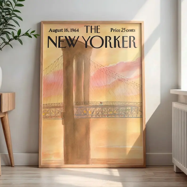 Vintage New Yorker Poster, Retro Brooklyn Bridge Sunset Cyclist Print, NYC Watercolor Wall Art, Mid-Century Magazine Cover