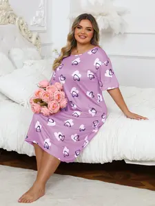 Women's Soft Heart Print Sleepwear Dress, Plus Size Comfortable Short Sleeve Nightgown, Casual Home Wear for Women, Round Neck Nightdress