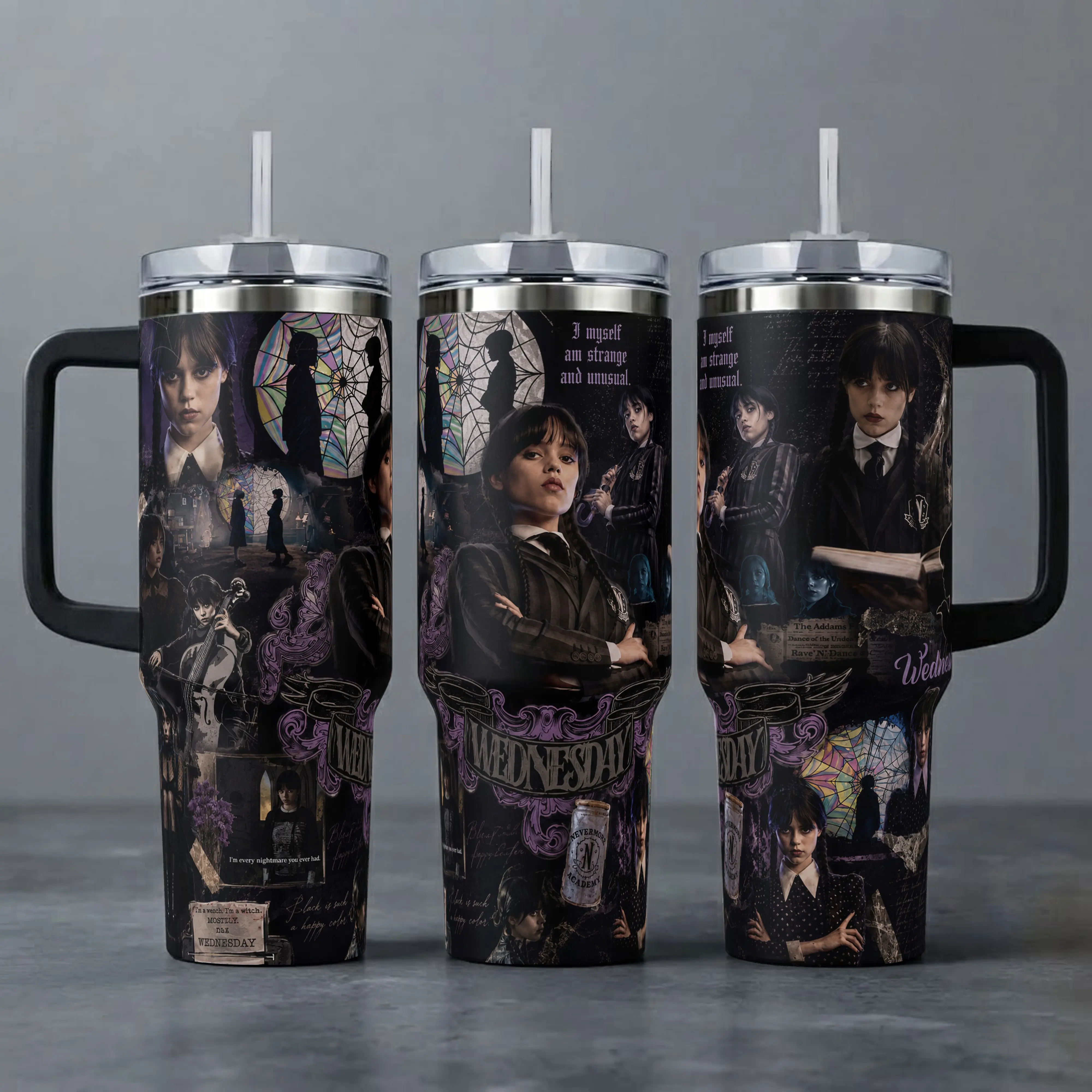 Wednesday Addams Nevermore Academy Tumbler - 20oz & 40oz Insulated Travel Mug with Handle & Straw, Gothic Fan Merchandise, Insulation, Coffee. Gift For Back to School