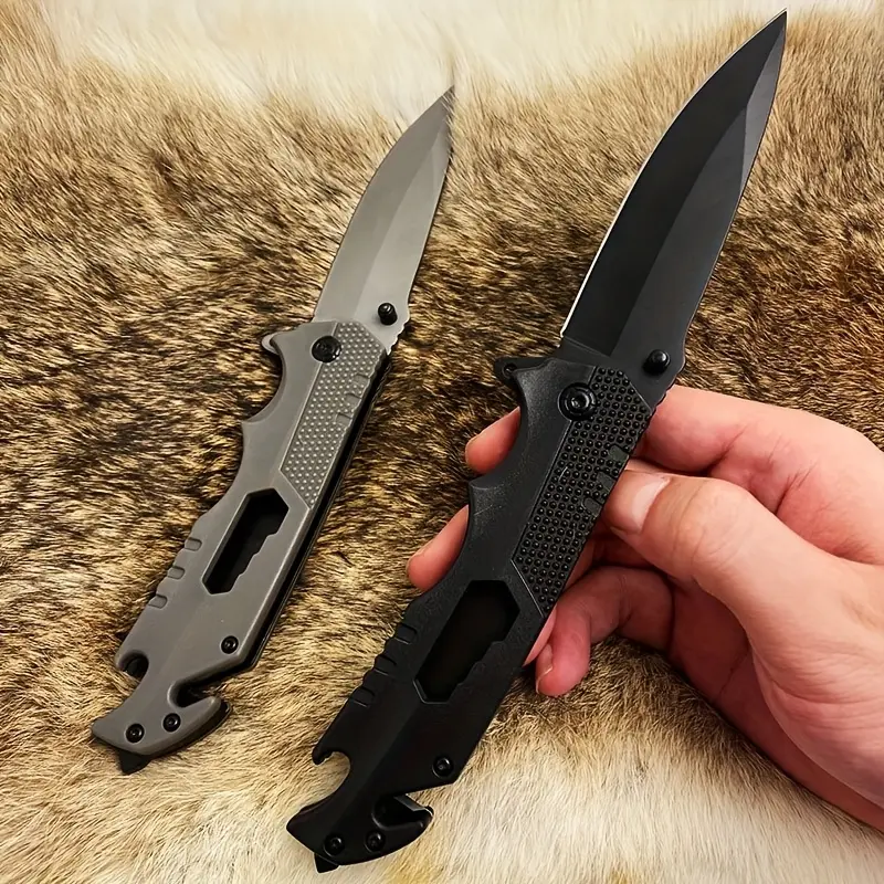 5Cr15 Manual-Retractable Pocket Knife for Adults - 10cm Durable EDC Knife with Acrylonitrile Butadiene Styrene (ABS) Handle, Clip, Serrated Edge, Window Breaker - Ideal for Camping - Perfect Father's Day Gift, Black, with Packaging Box