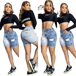 Colombian High Waisted Jeans Shorts - Comfortable Rigid Fabric, Soft Winter Suits Fabric, Loose-Fitting, Above the Knee, Plain Design - Day