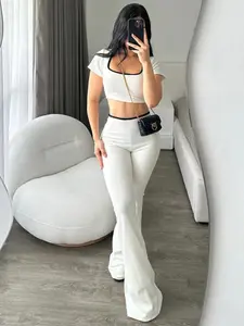 Women's Square Neck Short Sleeve Top & High Waist Flared Pants, Elegant Chic Fashion Colorblock Trim Outfit, Women's Casual Slim-Fit Co-ord Set