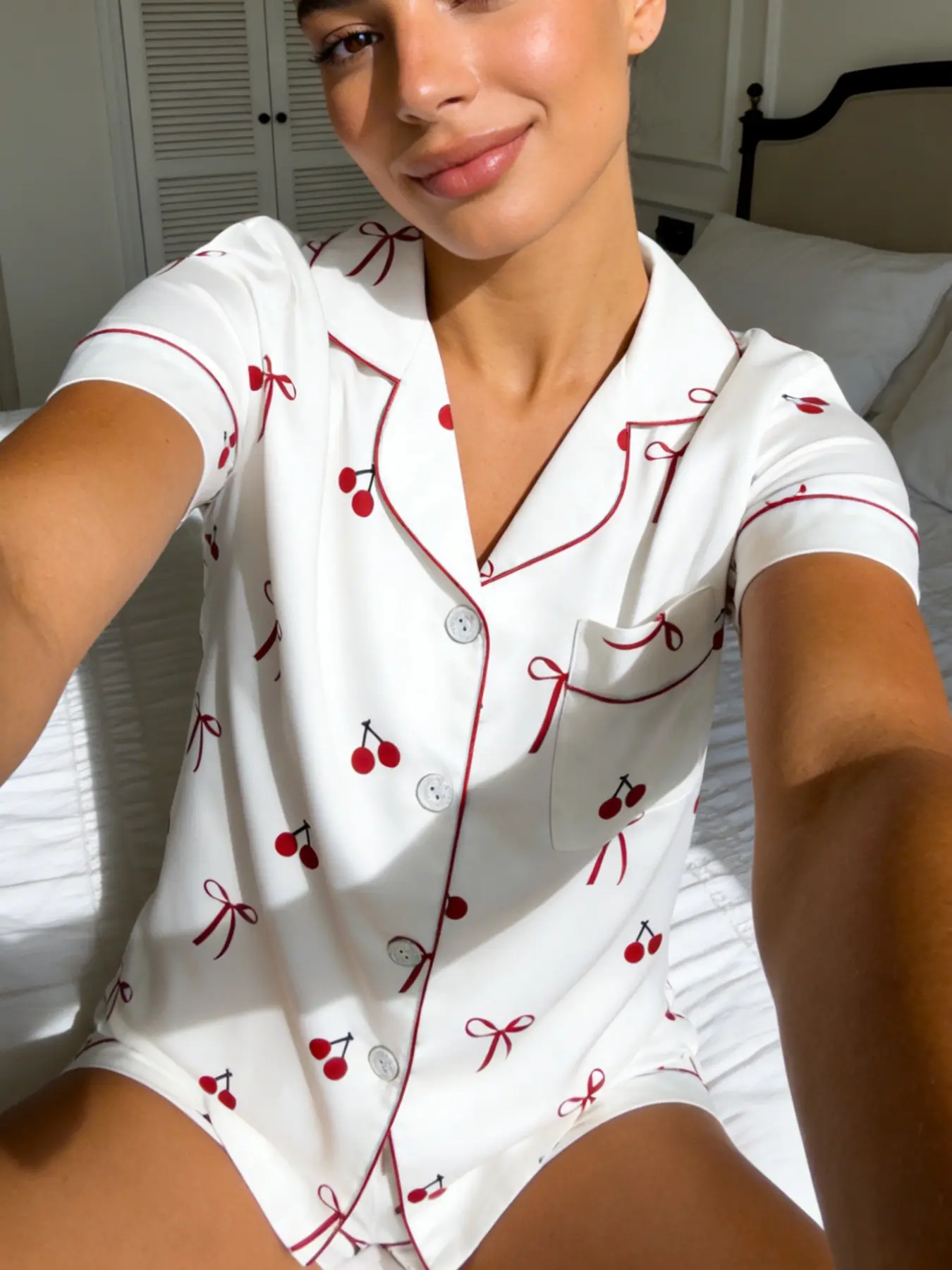 Spring Summer Women's Sleepwear Loungewear Homewear Pajama Set, Cherry Theme Printed, Open Front Cardigan, Short Sleeve Shorts, Home & Outdoors, Outfit Pjs