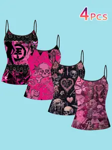 4 Piece Set Dark Cool Skull Heart Print Casual Sleeveless Strapless Top, Gothic Style Inner Layer Outer Wear, Slim Fit Casual Spaghetti Strap Tank Tops for All Seasons