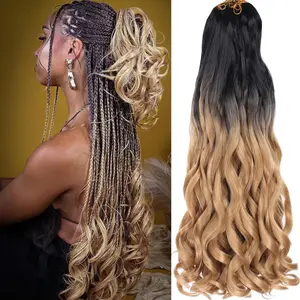 9 Packs Ombre Blonde French Curly Braiding Hair 22 Inch Loose Wavy Spanish Curly Braids Hair with Curly Ends Bouncy Braids Hair 75g/Pack French Curls Braids Synthetic Hair Extensions 1B/27#