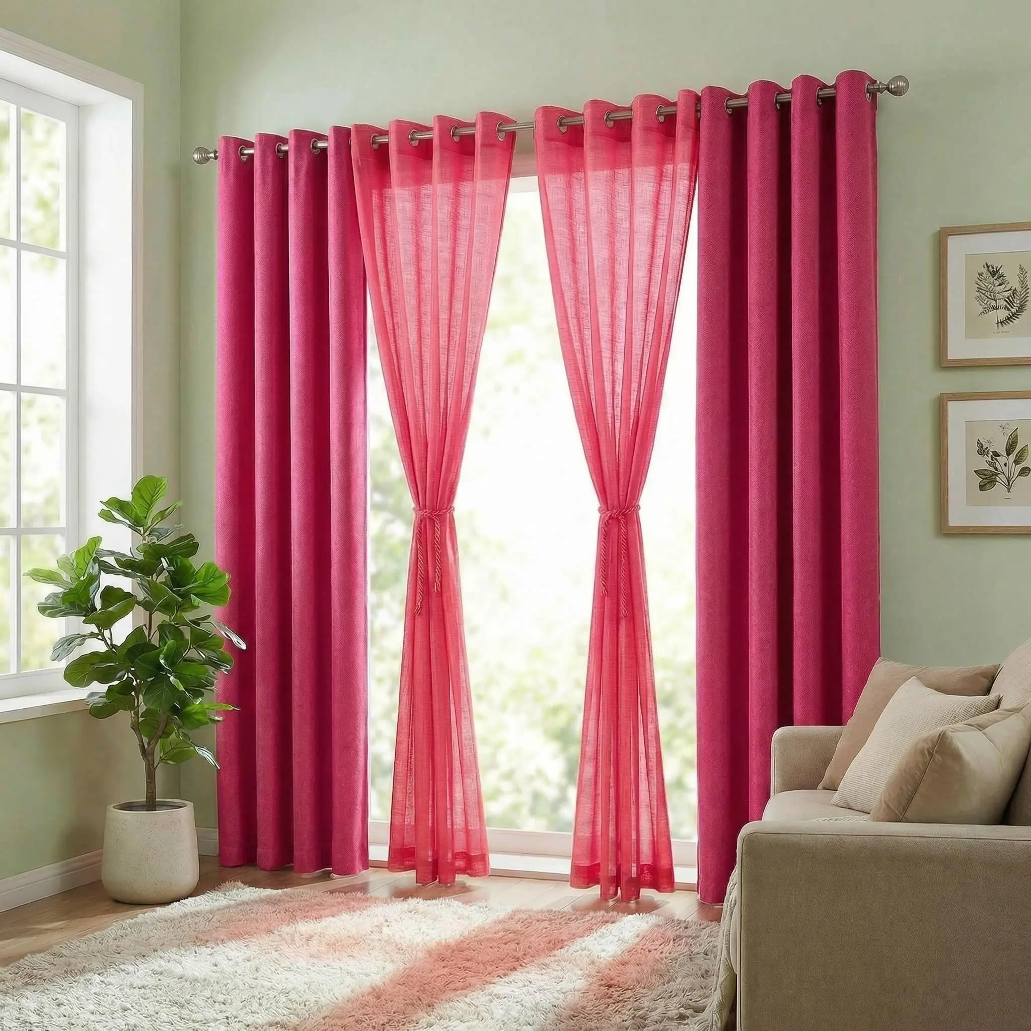 4 Pcs 52x84 inch Grommet Top Curtain Set, Combo of 2 Cationic Curtains and 2 Bamboo Gauze Yarn Curtains, Mixed Texture Window Drapes for Home DecorationL18 L12, Room Decor, Grommet Curtains curtains for bedroom, Polyester Fits