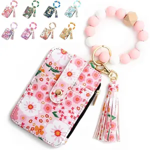 Christmas Gift Wristlet Bracelet Keychain Credit Card Holder Purse Zip Slim Wallet Tassel Silicone Beaded Bangle Key Ring Wallet for Women Comfortable Durable Boho Beaded Tassel Keychain Wallet