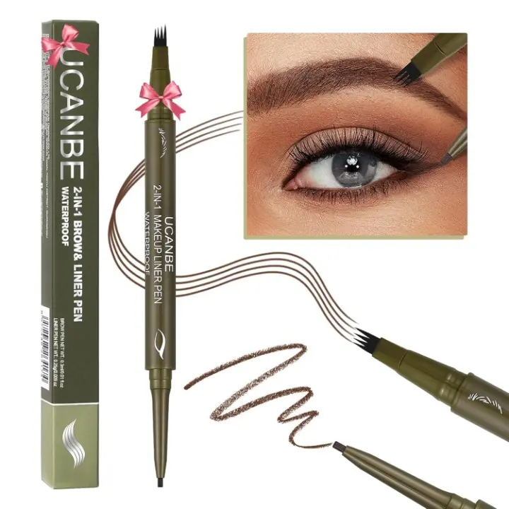 UCANBE Eyebrow Pen, Dual-Ended Eyebrow Pencil with 4-Fork-Tip & Gel Eyeliner for Women, Eye Brow Pen with Gel Eyeliner Pencil, Microblading Eyebrow Pencils with Hair Like Strokes, Light Brown Cosmetic Makeup Brow Kit