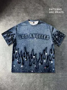 Los Angeles English flame short sleeved t-shirt men's letter geometric full print shirt t-shirt unisex, aesthetic European and American street casual Streetwear trendy brand casual summer shirt party nightclub short sleeved shirt Menswear