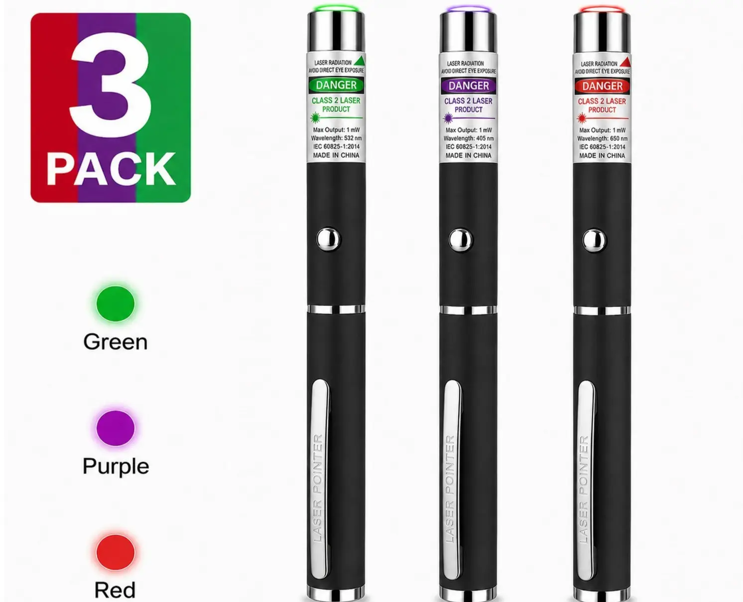 3 Pack Class II Presentation Laser Pointer Pens Red Green Violet 1mW AAA