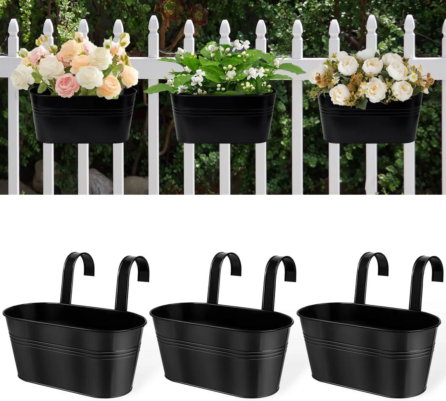 3-Pack Metal Balcony Railing Planters with Detachable Hooks & Drain Holes – Oval Hanging Pots for Outdoor Garden Fence