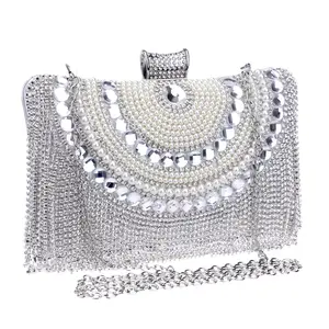 Silver Rhinestone Purse with Pearl Accents and Decorative Chain