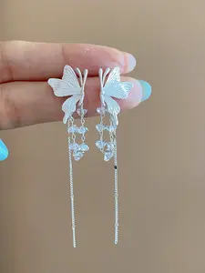 Silver Color Butterfly Crystal Dangle Earrings, Teardrop Earrings, Women's Unique Jewelry, Party and Daily Wear, Fashion Accessory