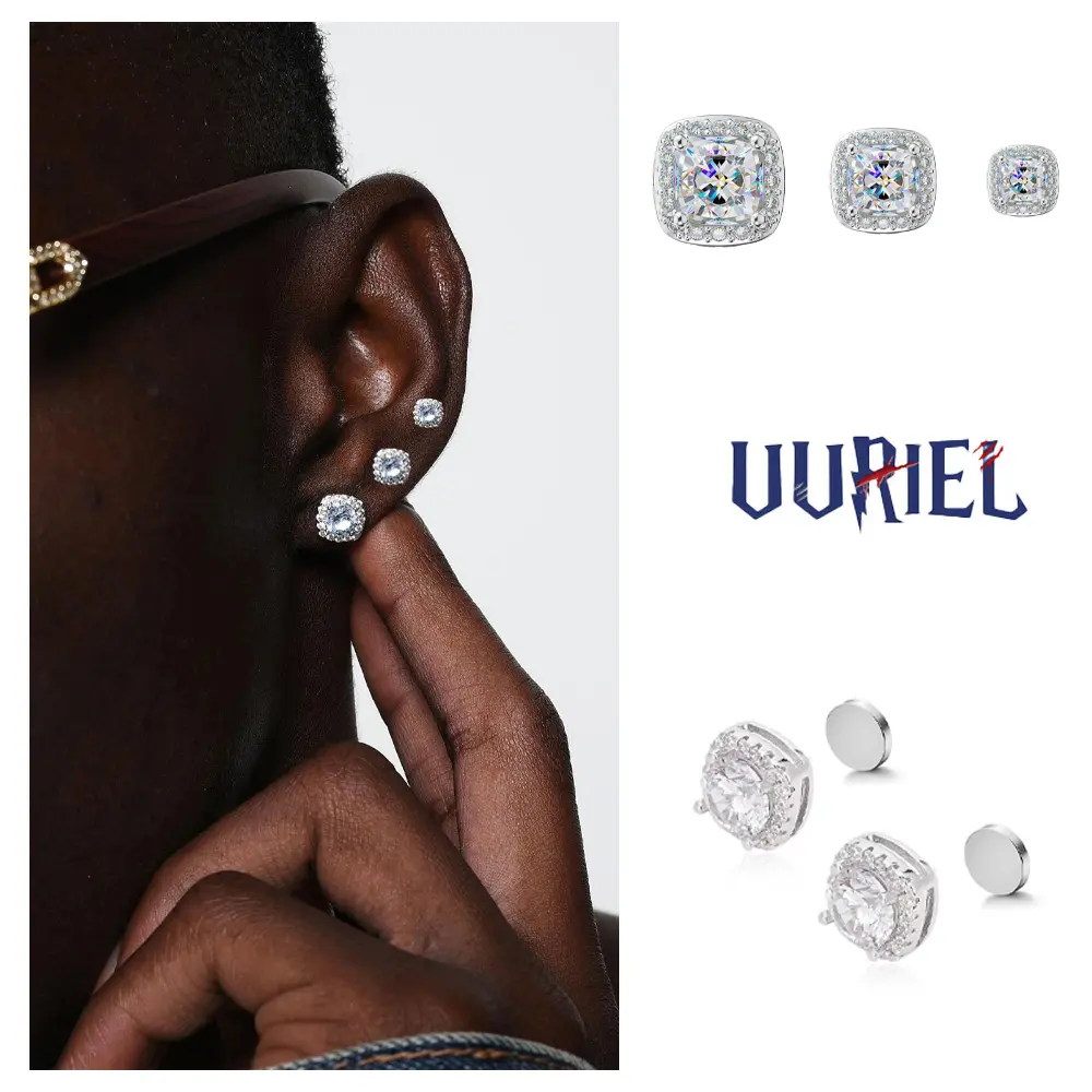 UURiel 4-8MM Cubic Zirconia Square Stud Magnetic Earrings Set, Punch-Free Men's Artificial Gemstone Jewelry, Stylish Gift Option, Cubic Zirconia Earrings, Stud Earrings