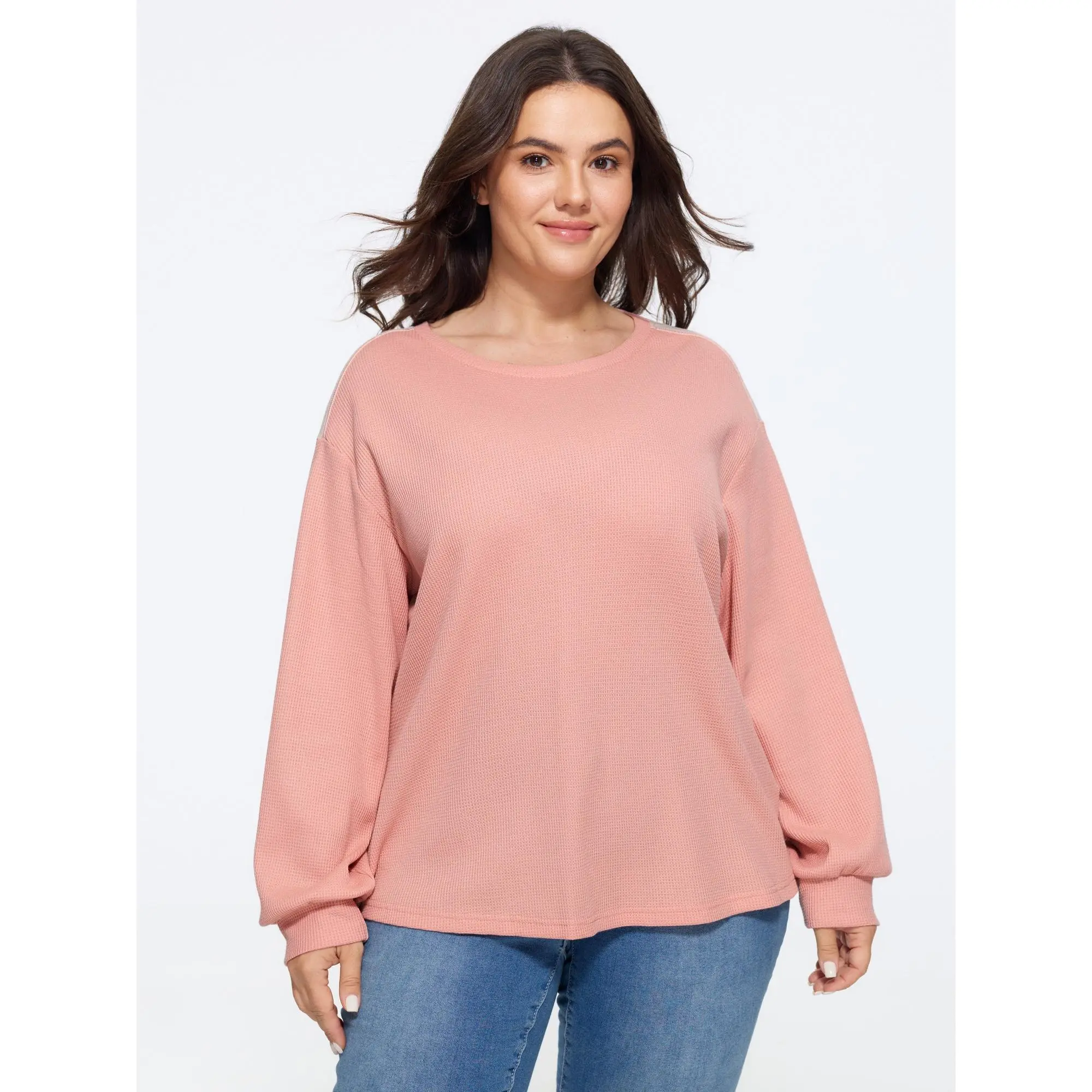BLOOMCHIC Women's Plus Size Color Block Waffle Knit Crew Neck Long Sleeve Sweatshirt - Knitwear, Cotton Fabric, Flattering Fit [M-6X] Summer Finds
