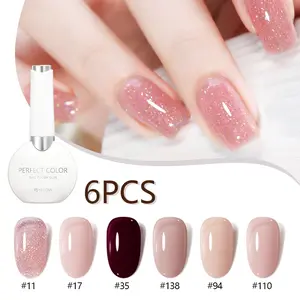 6PCS * 12ML Sparkling Romance Rubber Base Gel Set UV/LED Lamp and Top Coat Required,Long Lasting Shimmering Rose & Cherry Red Builder Gel, 4 in 1 Nail Strengthening & Color Base Soak Off Gel