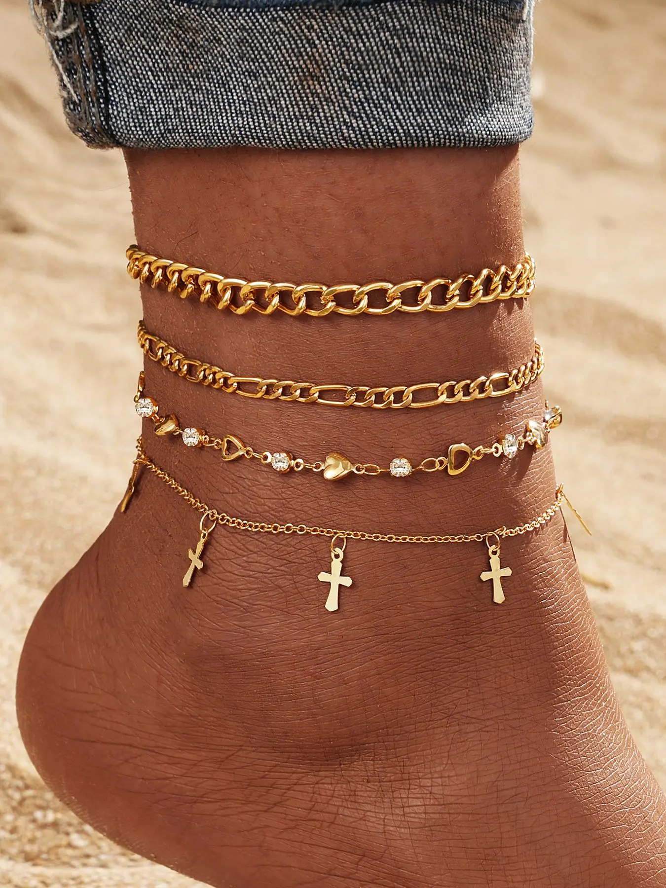 Fashion Cross Charm Anklet for Women & Girls (4pcs), Dainty Layered Anklet, Rhinestone Inlaid Fashion Foot Jewelry for Party, Daily Clothing Decor, Fashionable Accessory, Jewelry Accessories, Fashion Cool Accessories, Trendy Jewelry