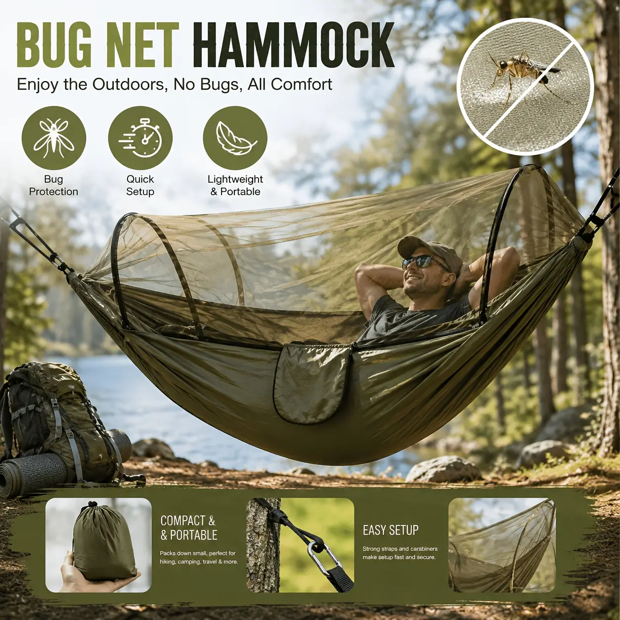 Camping Hammock with Mosquito Net - Lightweight Portable Nylon Unisex Twin Hammock (265x140cm, 350kg Capacity) for Backyard, Hiking, Camping Adventures