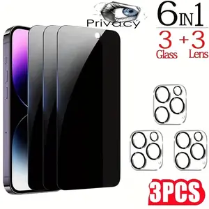 6-Piece Set (Including 3+3 Pieces) Privacy Tempered Glass Screen Protector and Camera Lens Protector, Compatible with iPhone 17/16/15/14/13/12/11 Pro Max & Pro - 6.1-inch & 3.3-inch Screens, Mica Texture, High Definition, Easy Installation (3-Piece Pack)
