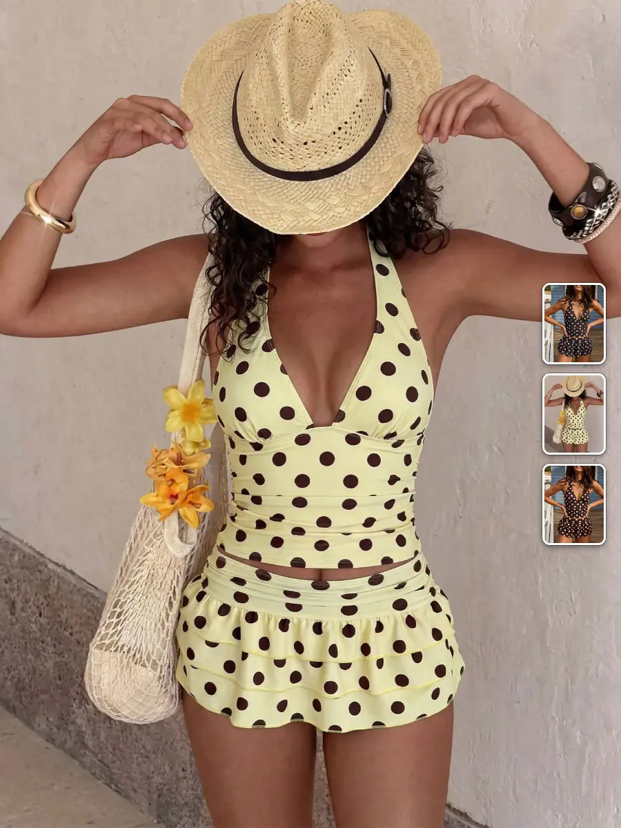 3 Piece Bikini Set Vintage Polka Dot Ruffle Skirt Beach Vacation Summer Outfit
