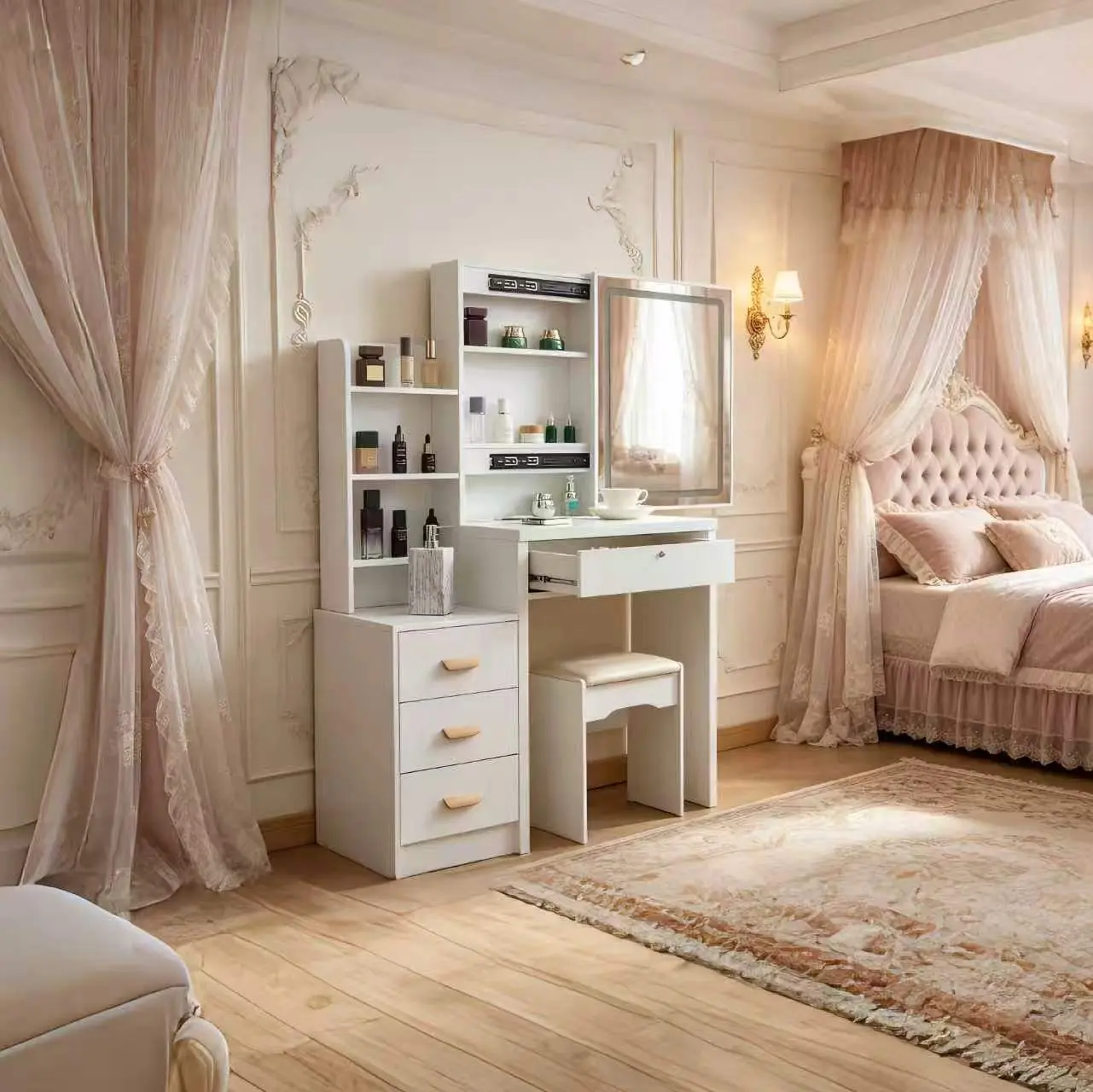 Small Makeup Vanity Desk with Mirror and Lights White Vanity Table Set with Storage Drawer Chair Three Shelves for Bedroom Makeup Organizer large