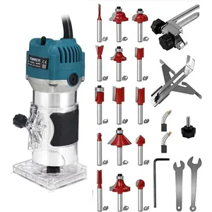 110V Router Tool, 800W  Trim Router, 30000RPM Electric Hand Trimmer, Palm Router with 15x 1/4" Router Bits & 2x Trim Guides for Woodworking Tools, Adjustable Base Height w/Scale