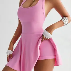 MoonWomen's Seamless U-Neck Tummy Control Sports Dress with Removable Padding and Backless Design, Compression Fit for Women, Ribbed Fabric, Tummy Control, Casual and Stylish Tennis Skirt, Gym Workout Clothes, Activewear