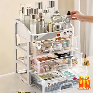 Large capacity 4-tier plastic cosmetics storage rack, Makeup box organizer, Beauty Organizer, with 3 removable drawers – versatile storage for skincare products, medications – no installation, suitable for bathrooms and home decor