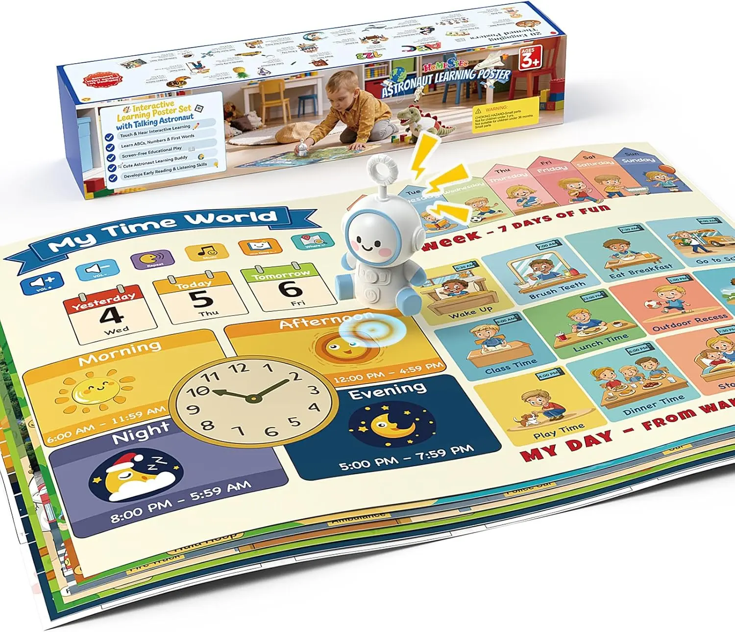 HOMESTEC Interactive Learning Posters, With Talking Astronaut Pen Tap to Learn ABCs Numbers Colors and Words Screen Free Educational Toy for Toddlers Ages 3 to 5