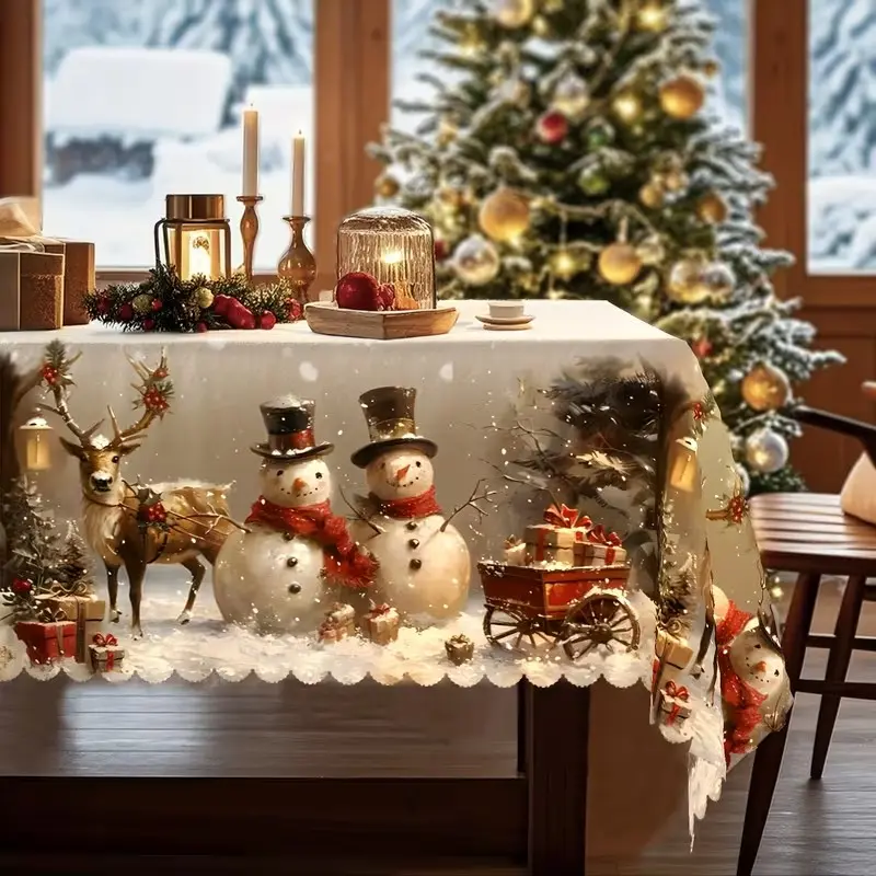 2D Flat Party Tablecloth 1pc, Christmas Tablecloth with Retro Snowman, Reindeer, Christmas Tree, Gold Festival Colors, Durable Polyester