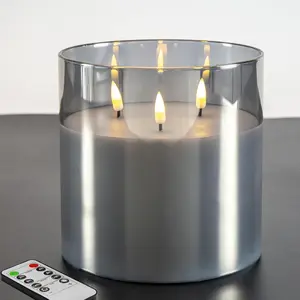 3 Wick  Grey Glass Flameless LED Candle with Remote, Flickering Large  Pillar Candle Decor  6" H 6"