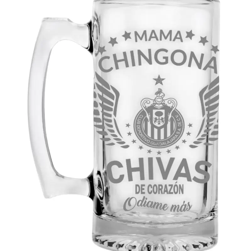 Mama Chingona Chivas De Corazon 26.5 oz laser engraved Glass Beer Mug with Handle.