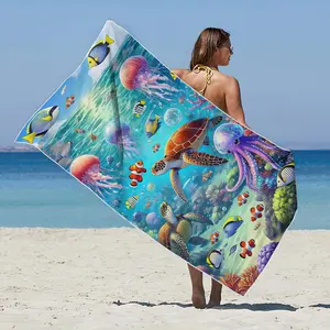 Waterproof Beach Towel with Underwater World Print, High Absorbency Quick Dry, Lightweight Soft Comfortable Pad for Camping Outdoor Activities
