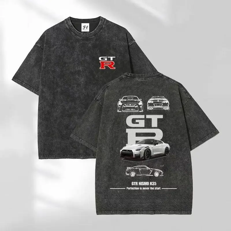 Unisex Vintage Washed GTR Car Print Batik Cotton T-Shirt, Interesting Careers Design, S-5XL Oversize Streetwear Menswear Top, Super Soft Pre-Shrunk