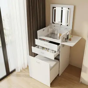 3-in-1 Vanity Table with Flip-Top Mirror and Lights — 3-Color Adjustable Lighting, Compact Makeup Desk with Clear Glass Top, Features 2 Drawers and Removable Storage Stool — Bedroom Dressing Table, White