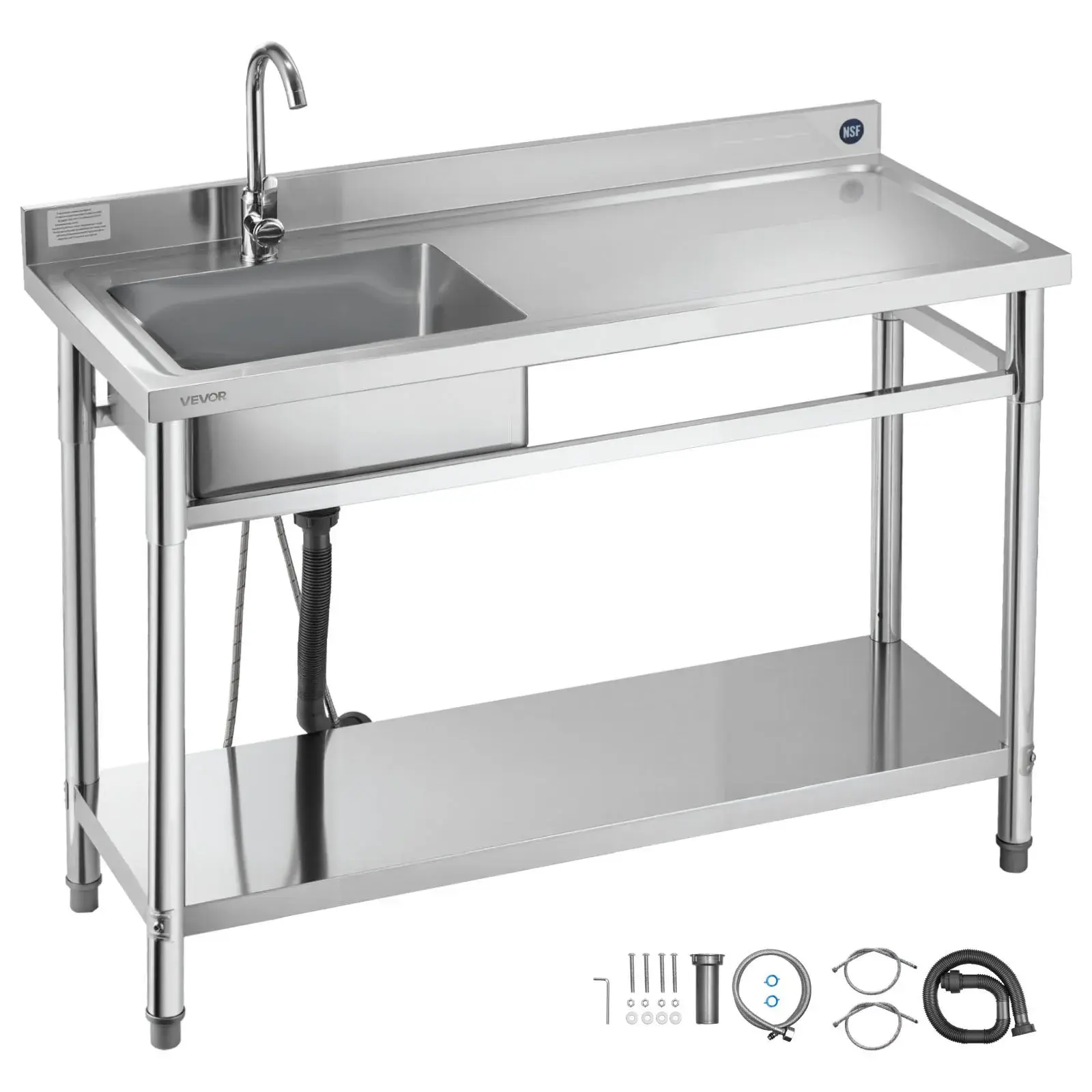 【Summerfinds】VEVOR NSF Certified Stainless Steel Free-Standing Deep Single Bowl Utility Sink with Faucet, Right Basin Workbench, Hot-Cold Pipes, Anti-Clog Drainage, 47x19.7x37in Sink for Outdoor Kitchen, Patio Wash & Store, Adjustable