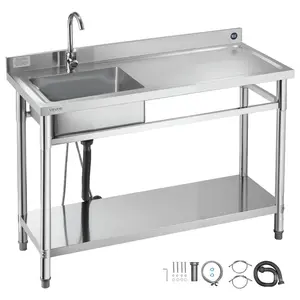 VEVOR Stainless Steel Utility Sink, Free Standing Single Bowl Commercial Kitchen Sink with Faucet, Utility Right Basin Workbench with Hot & Cold Water Pipe for Garage Restaurant Laundry, 47x19.7x37 in